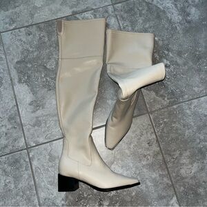 Marc Fisher Noemi Over the Knee Faux Leather Boots Square Toe Beige 8 NEW